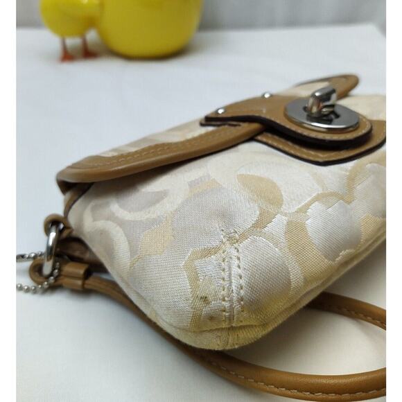 Coach Legacy Signature Beige Canvas Brown Leather Trim Flap Wristlet Coin Wallet - Picture 8 of 12